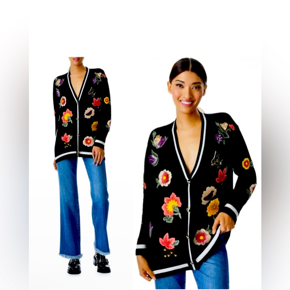 NWT ALICE + OLIVIA Bradford Embroidered Grandpa
Cardigan Floral Print Black!